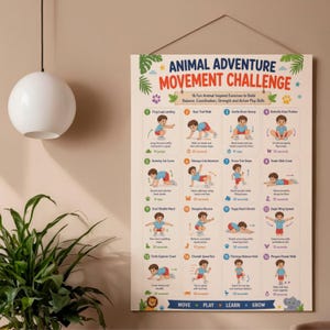 Op de afbeelding: Een witte poster getiteld "Animal Adventure Movement Challenge" met kleurrijke illustraties van dierlijk ge&iuml;nspireerde oefeningen. De poster bevat tekst en afbeeldingen van verschillende bewegingen, zoals Frog Leap Landing en Bear Trail Walk.