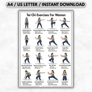 Può includere: Un poster bianco con il testo "Tai Chi Exercises For Women" e illustrazioni di varie pose di Tai Chi. Il poster include istruzioni per ogni esercizio, come "Commencing Form" e "Brush Knee and Push".