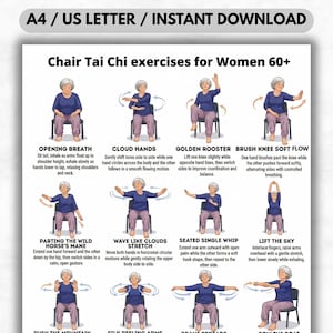 Può includere: Poster scaricabile istantaneamente in formato A4/US Letter con esercizi di Tai Chi da sedia per donne over 60. Il poster include istruzioni illustrate per vari esercizi, come Opening Breath e Cloud Hands. Gli esercizi sono progettati per essere eseguiti da seduti.