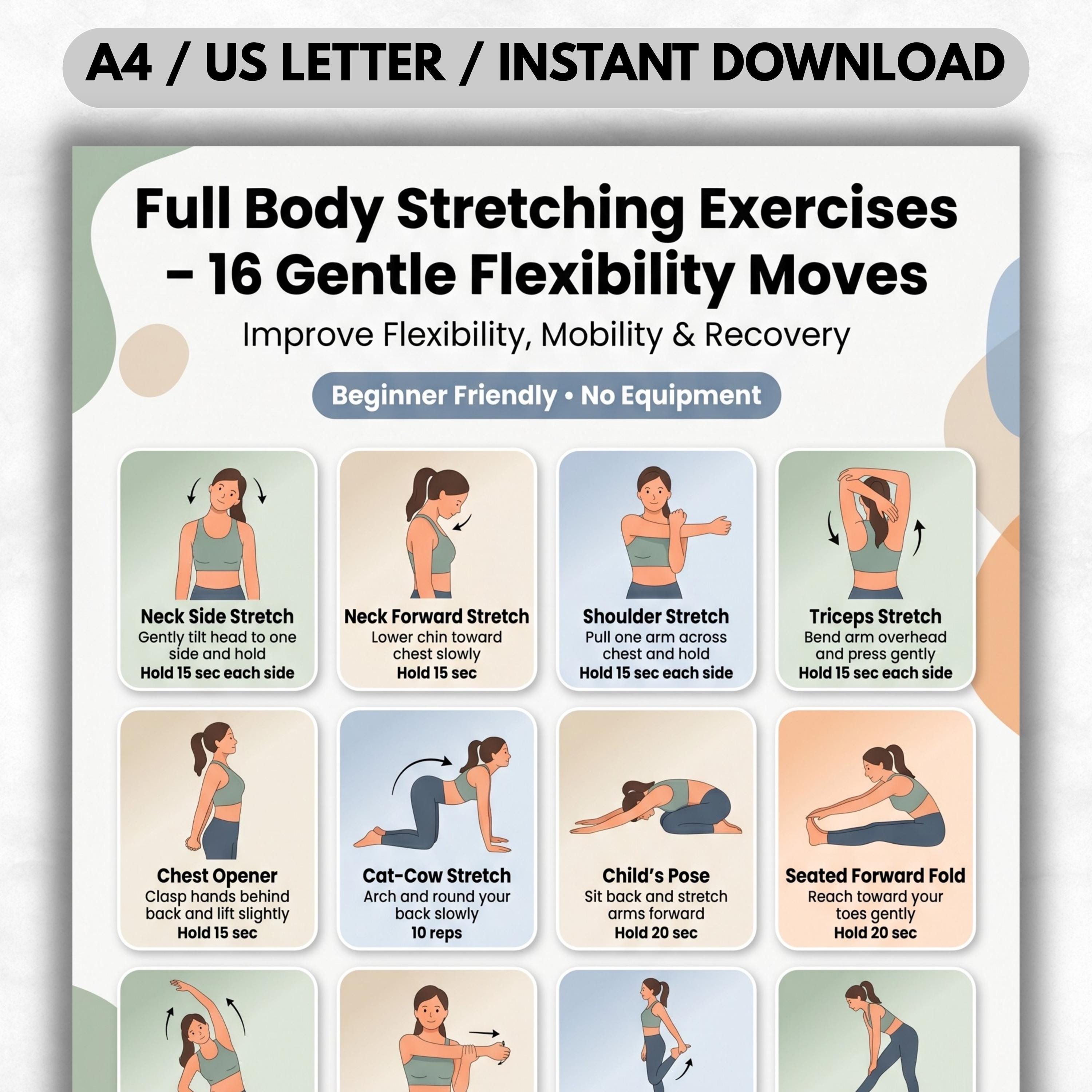 Print Off Stretching Routine Stretching Exercises Printable, Full Body Stretch Chart, Flexibility ...