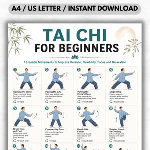 May include: A printable Tai Chi for Beginners guide. The poster features illustrations of 12 gentle movements with instructions to improve balance, flexibility, focus, and relaxation. The title is in large, bold, green letters.