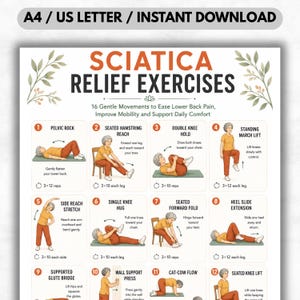 Peut inclure: Une affiche intitulée "Exercices de soulagement de la sciatique" avec 16 mouvements doux pour soulager les douleurs lombaires. L'affiche comprend des illustrations et des instructions pour chaque exercice, comme le bascule du bassin et l'étirement des ischio-jambiers.
