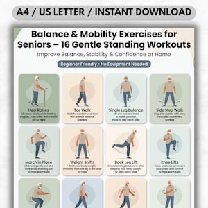 May include: A digital download titled "Balance & Mobility Exercises for Seniors." The image displays a guide with 16 gentle standing workouts. Each exercise is illustrated with a person performing the movement, including Heel Raises, Toe Walk, and Knee Lifts.