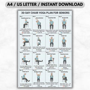 May include: A printable 30-day chair yoga plan for seniors, featuring illustrated poses with instructions. Includes exercises like Seated Mountain Pose, Seated Side Bend, and Seated Neck Rolls. The document is designed for A4/US Letter and is available for instant download.