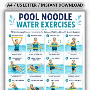 Ejercicios acuáticos con flotadores para personas mayores (imprimible), póster de ejercicios de aquagym, tabla de ejercicios de aeróbic acuático, PDF de entrenamiento de equilibrio en la piscina