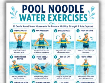 Pool Noodle Wasserübungen für Senioren zum Ausdrucken, Aqua Fitness Workout Poster, Wasseraerobic Übungstabelle, Pool Balance Training PDF
