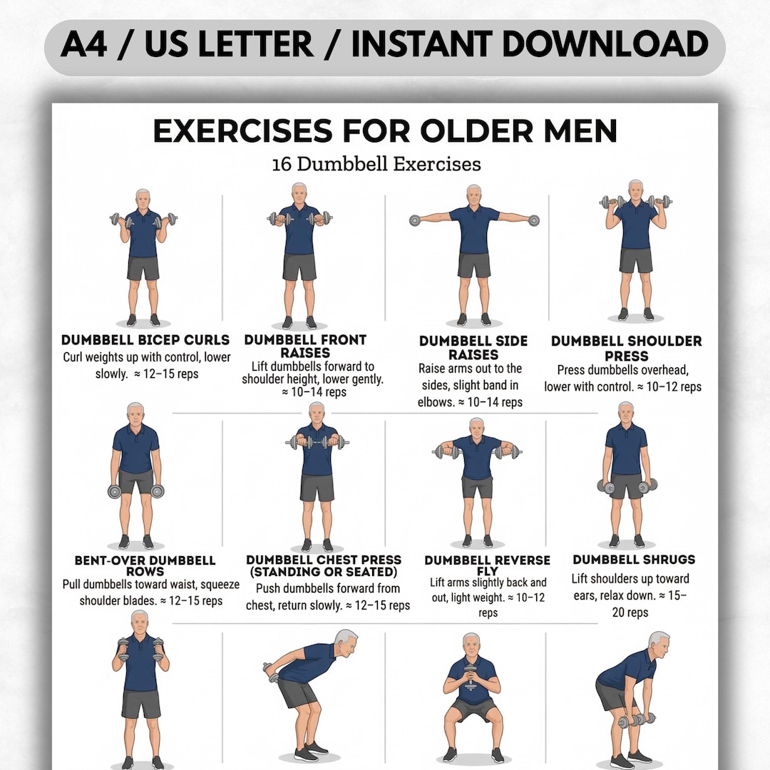 Exercises for Older Men Printable – 16 Dumbbell Exercisesv Poster ...