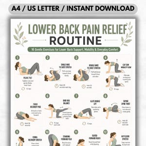 May include: A printable poster with a green and white design, featuring a "Lower Back Pain Relief Routine." It illustrates 16 gentle exercises for back support and mobility, with diagrams and instructions. The text "A4 / US LETTER / INSTANT DOWNLOAD" is at the top.