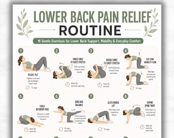 Ejercicios imprimibles para aliviar el dolor lumbar, 16 estiramientos suaves para el soporte de la espalda, póster en PDF para la ciática y la movilidad lumbar, descarga instantánea.