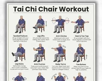Printable Tai Chi Chair Workouts | Tai Chi Chair Exercise Chart & Workout | Physical Therapy Wall Art | Printable Fitness Chart