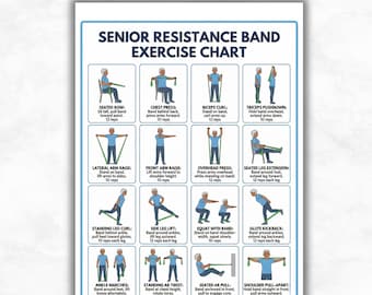 Tabla de ejercicios con bandas de resistencia para personas mayores / Póster de entrenamiento imprimible para adultos mayores / Guía de ejercicios en silla / Descarga digital para gimnasio en casa para personas mayores