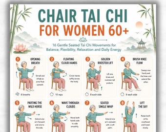 Tai Chi na krześle dla kobiet 60+ do druku, plakat z ćwiczeniami Tai Chi w pozycji siedzącej, tabela równowagi i relaksacji, natychmiastowe pobranie pliku PDF