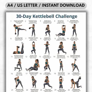 Puede incluir: Tabla de ejercicios de 30 días Kettlebell Challenge, descarga instantánea A4/US Letter. Incluye ilustraciones e instrucciones para 25 ejercicios, como Kettlebell Swing y Split Squat. Ideal para rutinas de fitness en casa.