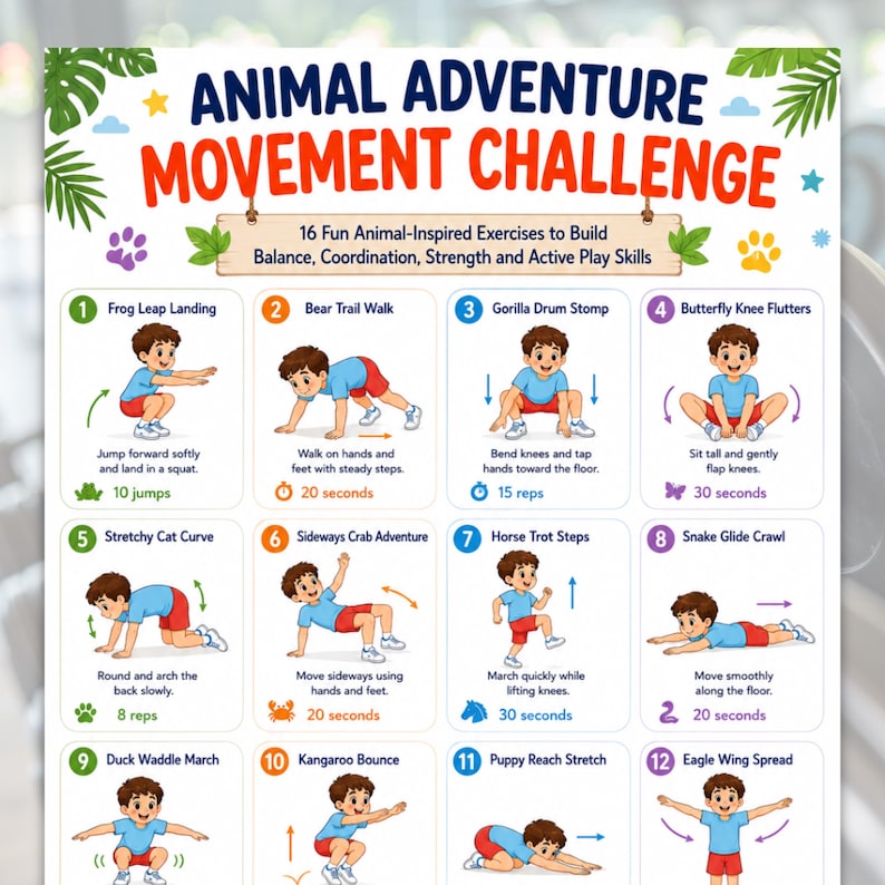 Op de afbeelding: Een kleurrijke poster getiteld "Animal Adventure Movement Challenge" met illustraties van kinderen die dierlijk ge&iuml;nspireerde oefeningen demonstreren. De poster bevat tekst en afbeeldingen om de oefeningen te begeleiden.