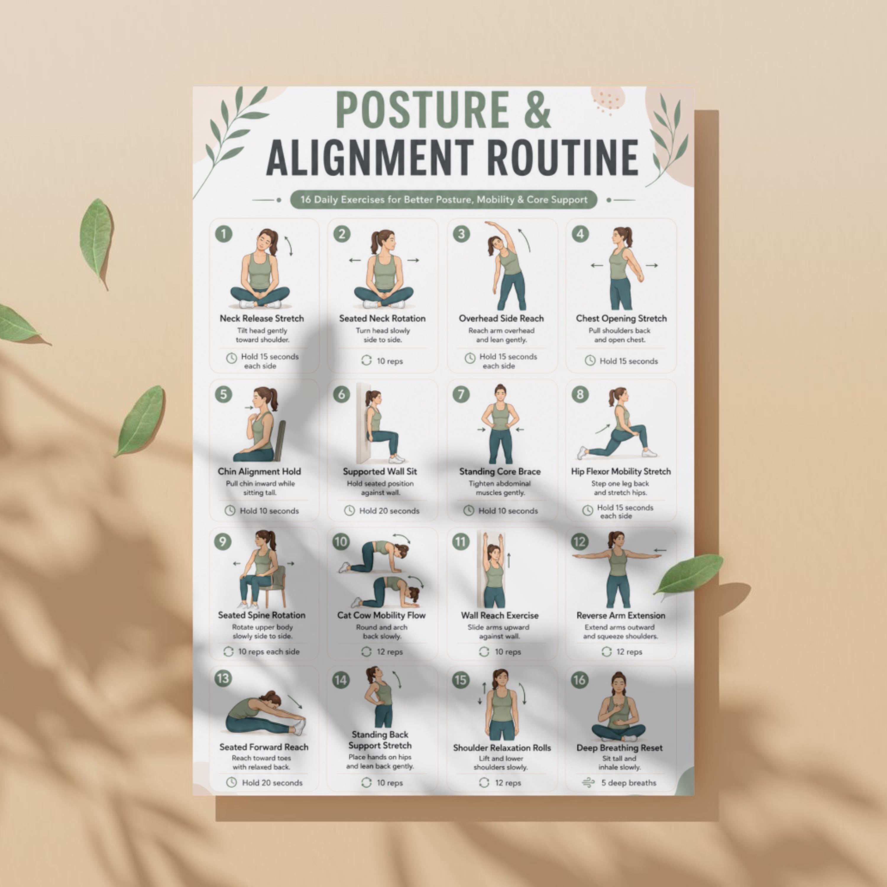 Posture Exercises Printable, Alignment Workout Poster, Neck & Back ...