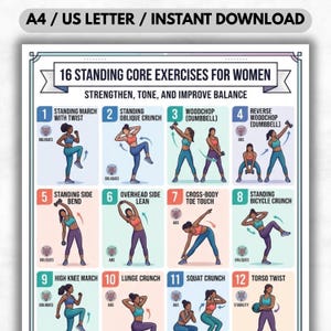 Puede incluir: Un póster con 16 ejercicios de core de pie para mujeres, incluyendo variaciones de woodchop, crunch y giro. Los ejercicios están ilustrados con figuras coloridas, y el póster está etiquetado como "A4 / US LETTER / INSTANT DOWNLOAD".