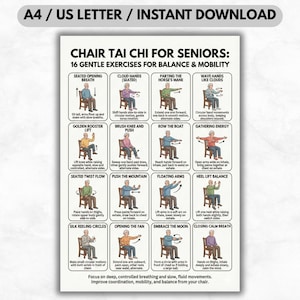 Può includere: Un poster bianco con il testo "CHAIR TAI CHI FOR SENIORS: 16 GENTLE EXERCISES FOR BALANCE & MOBILITY." Il poster illustra 16 esercizi di Tai Chi con diagrammi e istruzioni. Il poster è progettato per gli anziani per migliorare l'equilibrio e la mobilità.