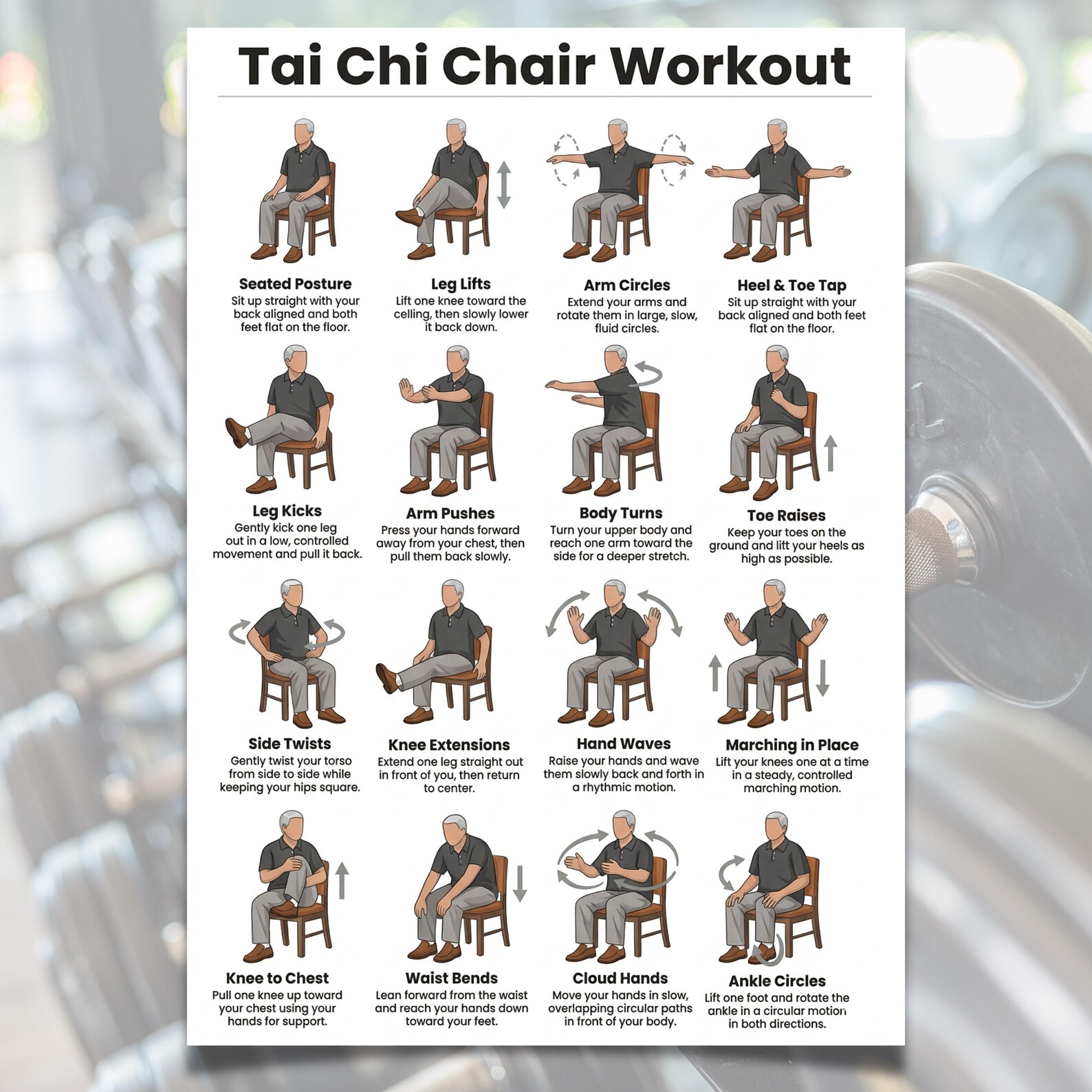 Mobility And Stretching Routine Chart.pdf Tai Chi Chair Workout Poster | Tai Chi Chair Exercise Chart & Workout ...