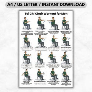 Tai Chi Chair Workout for Men | Seated Exercise Poster | Senior Mobility Guide | Daily Home Fitness Plan for Men ; Digital Print