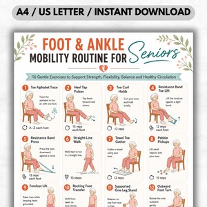 Può includere: Un download istantaneo stampabile A4/US Letter con una routine di mobilità del piede e della caviglia per anziani. La guida illustra 16 esercizi delicati per supportare forza, flessibilità, equilibrio e una sana circolazione. Gli esercizi includono la traccia dell'alfabeto delle dita.