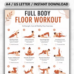 Op de afbeelding: Een afdrukbare full-body vloer workout gids. De gids bevat 12 geïllustreerde oefeningen, waaronder Side Reach Plank, Cobra Lift Stretch en Glute Bridge Raise. De titel "FULL BODY FLOOR WORKOUT" wordt in grote, vette letters weergegeven.