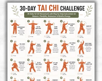 30 dagen tai chi-uitdaging afdrukbaar, dagelijkse tai chi-bewegingen met instructies, balans en flexibiliteit poster pdf, mindful wellness-diagram