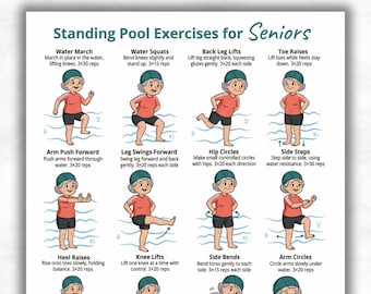 Ejercicios de pie en la piscina para personas mayores / Guía imprimible de aeróbic acuático / Póster de ejercicios acuáticos sin equipo / PDF de ejercicios acuáticos de bajo impacto