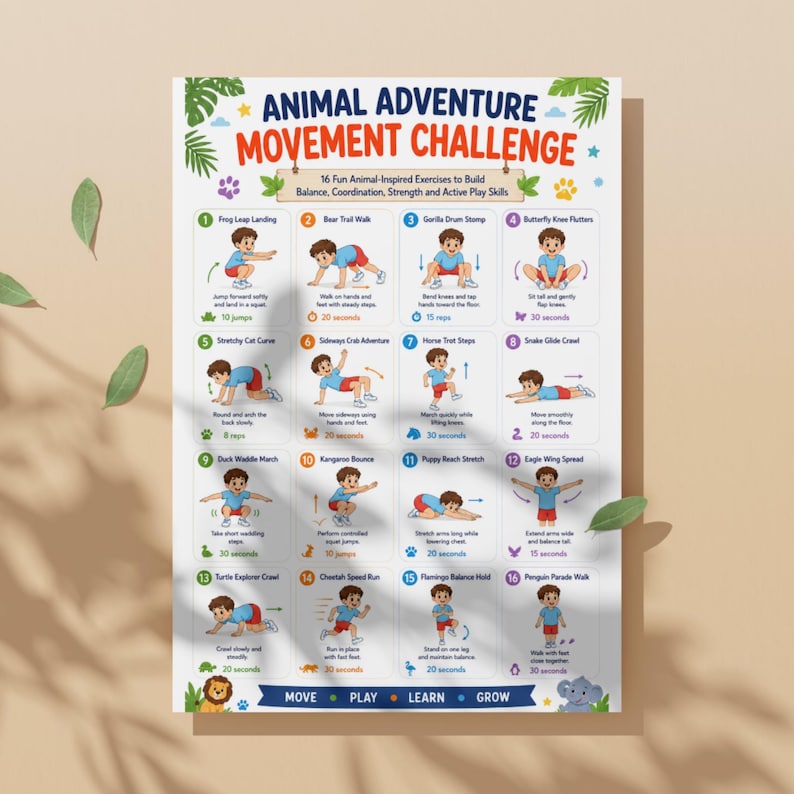 Op de afbeelding: Een kleurrijke poster getiteld "Animal Adventure Movement Challenge" met 16 dierlijk ge&iuml;nspireerde oefeningen voor kinderen. De poster bevat illustraties van kinderen die elke oefening demonstreren, met instructies en tijdsduren. De poster staat op een beige achtergrond.