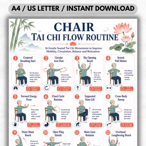 Könnte beinhalten: Ein druckbares Poster mit dem Titel "CHAIR TAI CHI FLOW ROUTINE" und Anweisungen für 16 sitzende Tai-Chi-Übungen. Das Poster enthält Illustrationen jeder Bewegung mit Textbeschreibungen und Wiederholungen. Der Hintergrund ist weiß mit Bambus und einer Lotusblume.
