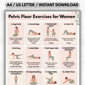 Puede incluir: Una guía imprimible A4 titulada "Ejercicios del suelo pélvico para mujeres". La guía presenta ejercicios ilustrados, incluyendo Kegel Hold, Glute Bridge y Bodyweight Squat, con instrucciones para cada movimiento. Los ejercicios están diseñados para fortalecer los músculos del suelo pélvico.