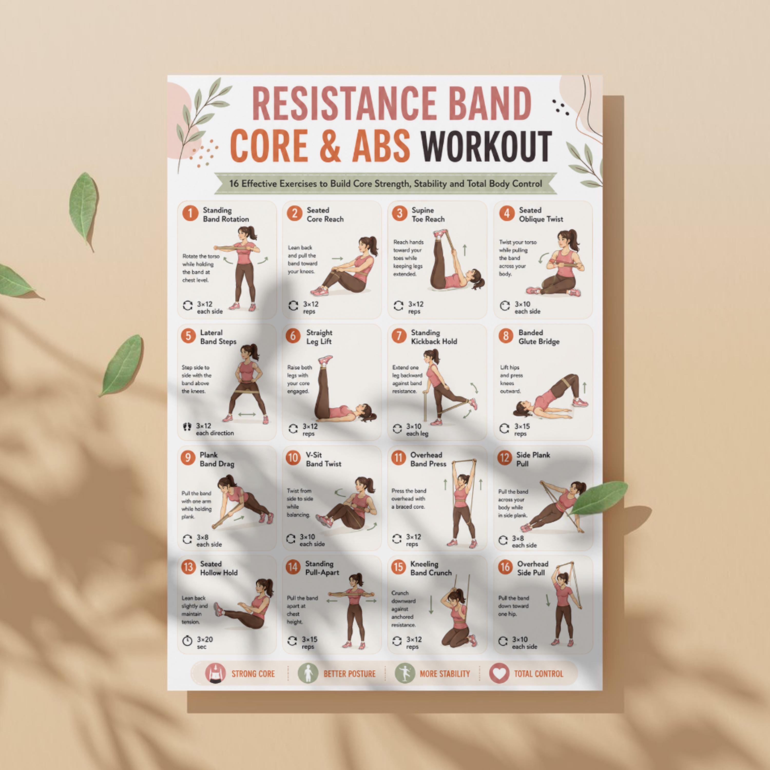 Resistance Band Core & Abs Workout Printable, 16 Exercise Poster, Core ...