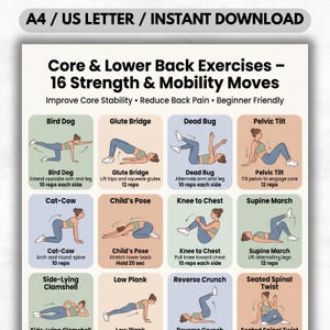 May include: A printable exercise guide with 16 strength and mobility moves for core and lower back exercises. The guide includes illustrations of exercises like Bird Dog, Glute Bridge, Dead Bug, and Pelvic Tilt. Text at the top reads "A4 / US LETTER / INSTANT DOWNLOAD".