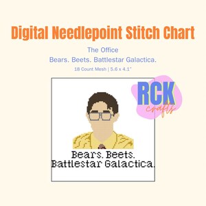 May include: Digital needlepoint stitch chart featuring a pixelated image of a character from "The Office." The chart includes the text "Bears. Beets. Battlestar Galactica." and measures 5.6 x 4.1 inches.