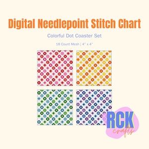 Puede incluir: Gráfico de punto de cruz digital para un juego de posavasos de puntos coloridos. La imagen muestra cuatro posavasos con un patrón de puntos repetido en rojo, amarillo, verde y morado. Cada posavasos mide 10 cm x 10 cm.