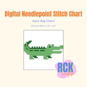 Può includere: Schema di punto croce digitale per un ciondolo a forma di alligatore. Il disegno presenta un alligatore verde pixelato. Lo schema misura 4,57 cm per 2,03 cm, con 18 mesh. Il logo RCK crafts si trova in basso a destra.