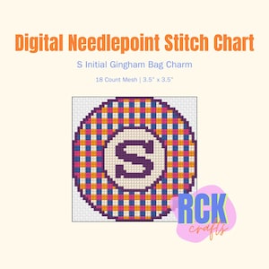 Letter S Monogram Initial Gingham Bag Charm Needlepoint Digital Stitch Chart PDF