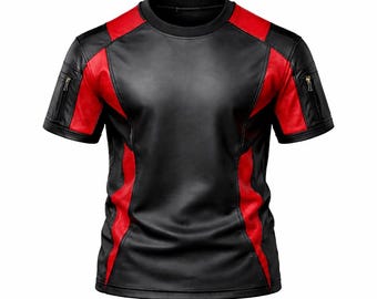 Black Crimson Leather Techwear T-Shirt – Futuristic Streetwear, Unisex Oversized Fit