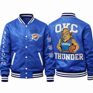 Giacca da college OKC Thunder – Bomber in raso blu con grafica mascotte – Regalo streetwear unisex