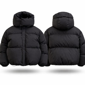 May include: A black puffer jacket with a high collar and a hood. The jacket is shown from the front and back, showcasing its quilted design and full coverage. The jacket is a solid black color.