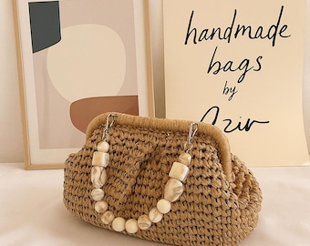 Straw Crossbody Bag | Boho Clutch Purse | Woven Summer Beach Shoulder Bag | Beaded Rattan Handbag