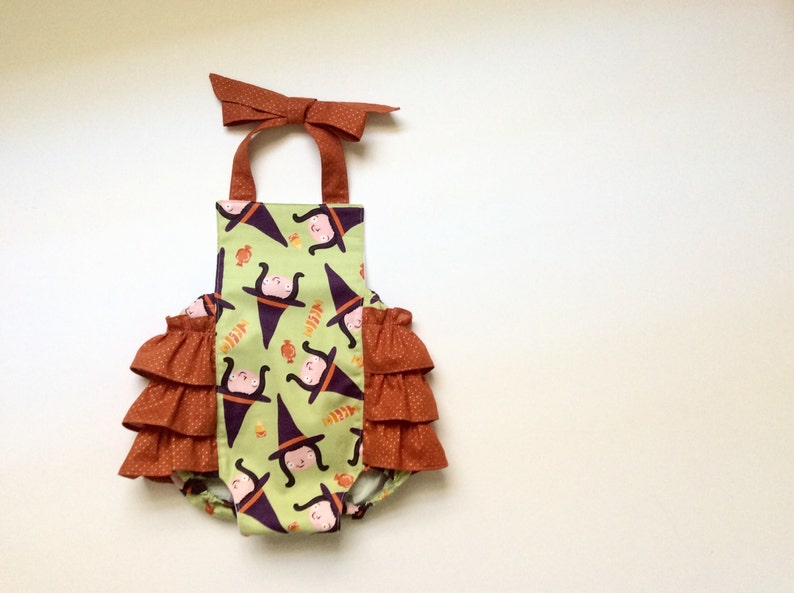 SALE Matilda Witch Baby Romper Ready to Ship Baby Halloween Romper Ruffle Baby Romper Halloween Outfit 612m