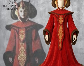 Vestido de cosplay hecho a mano inspirado en la reina Padmé Amidala: Disfraz rojo real de Star Wars
