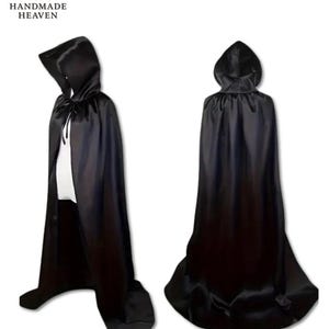 Black Hooded Cloak Full Length Cape with Hood | Adult Costume for Halloween, Cosplay, Renaissance, Witch, Vampire | Size Chart Included