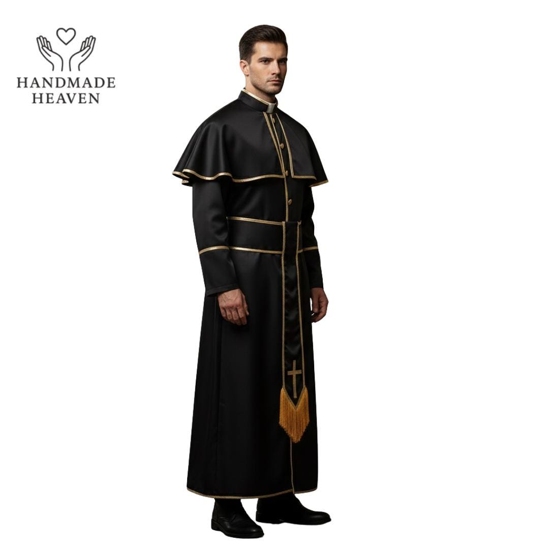 Men’s Priest Costume | Black Clergy Robe With Gold Trim | Cardinal ...