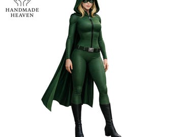 May include: A green superhero costume with a hooded cape, mask, and boots. The costume has a zipper down the front and a belt. The Handmade Heaven logo is in the upper left corner.