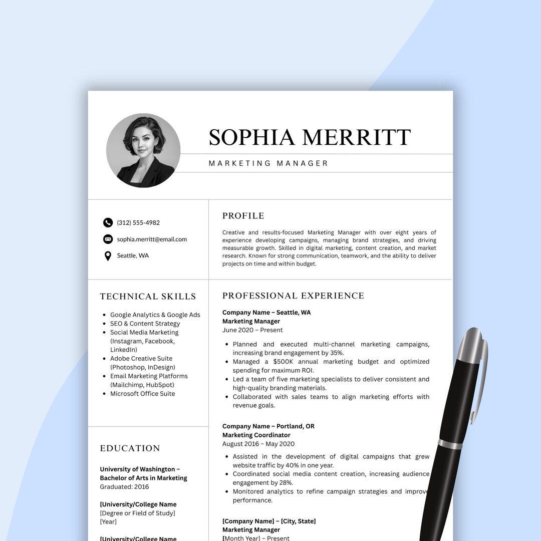 Marketing Manager Resume Template: Editable Canva CV + Cover Letter ...