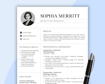 Plantilla de currículum para gerente de marketing: CV editable en Canva + carta de presentación (descarga inmediata)