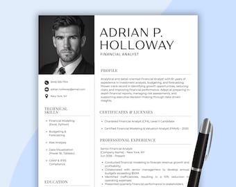 Plantilla de currículum de analista financiero: Carta de presentación financiera, CV moderno (Canva editable, descarga instantánea)