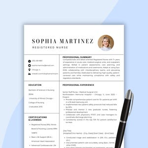 May include: A resume for Sophia Martinez, a Registered Nurse. The document includes her professional summary, education, certifications, and work experience. The resume is black and white with a headshot in the upper right corner.