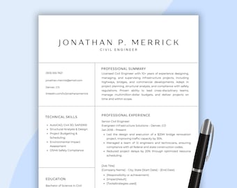 Plantilla de currículum de ingeniero civil: CV profesional + carta de presentación (Canva editable, descarga instantánea)